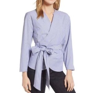 J. CREW Blue & White Stripe Long Sleeve Wrap Front Tie Side Top Size Medium